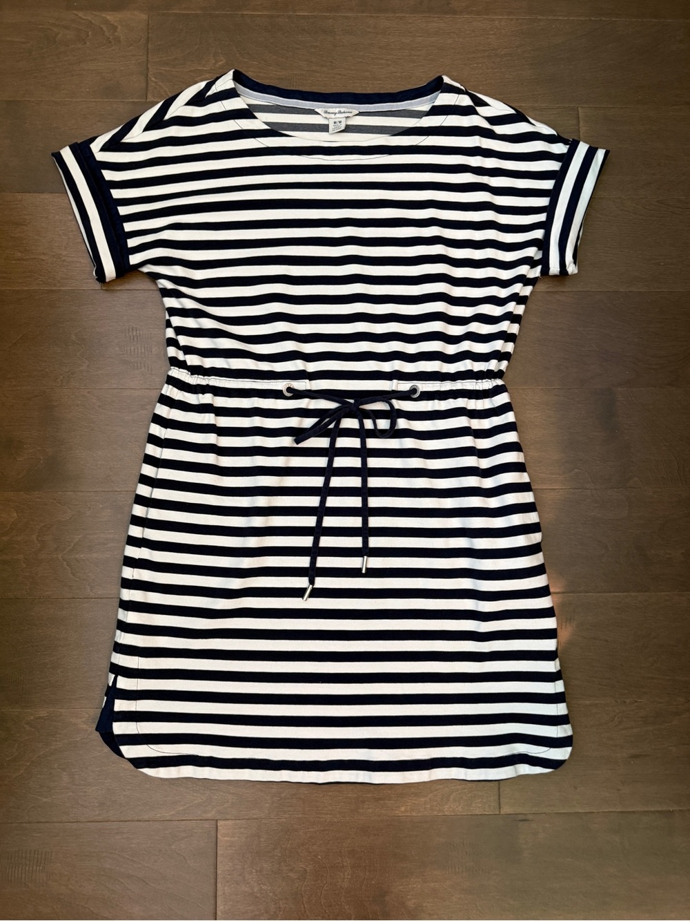Tommy Bahama Navy and White Striped Drawstring Short Sleeve Casual Dress Medium